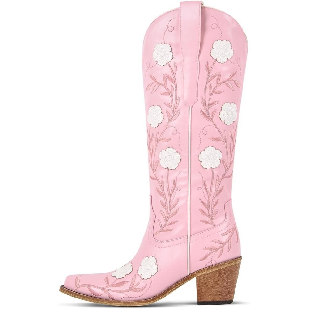⚡Women's Pink Western Wedding Boots Embroidered Floral Cowgirl Boots Wide Calf